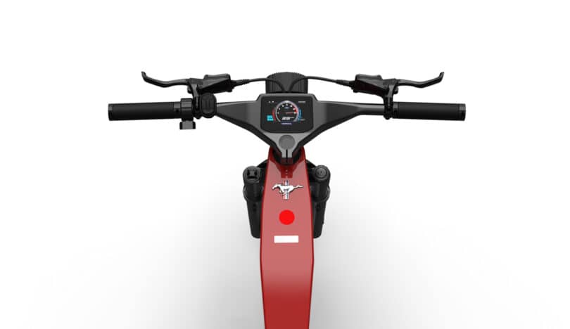 Handlebars and dashboard view of a red electric scooter, showing speedometer and controls, against a white background.